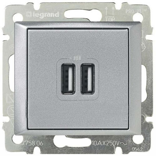 Розетка 2xUSB Legrand VALENA, алюминий